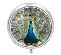Round Peacock Pattern Pill Box Small Pill Case with 3 Compartment Portable Metal Medicine Organizer Mini Travel Medicine Vitamin Supplement Container for Pocket Purse