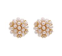 Round Pearl Flower Stud Earrings for Women Girls Sterling Silver Post Gold Plated CZ Crystal Shell Pearl Cluster Bouquet Ball Small Studs Cartilage Piercing Earring Hypoallergenic Jewelry