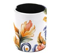 Round Pencil Holder for Desk, Border Flowers Watercolor Texture Large Leather Pencil Pen Cup, Workspace Desk Organizer Stand for Home Office School Classroom