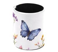 Round Pencil Pen Cup Holder Stand Desk Organizer Desktop Stationery Container Accessorires for Home, School, Office - Watercolor Various Wild Flowers and Butterflies