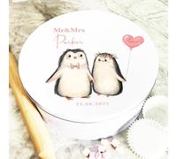 Round Penguins Married Couple Hearts Pink Personalised Treat Tin Personalised Gift | Custom Gift | Personalized Tin | Cake, Biscuit & Treat Tins | Gift For Her | Gift For Him