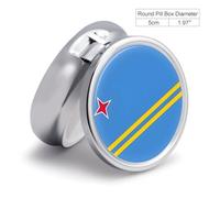 Round Pill Box 3 Compartment, Aruba Flag Printing Small Pill Case with Mirror, Portable Metal Medicine Container Vitamin Organizer for Purse Pocket Travel Gift