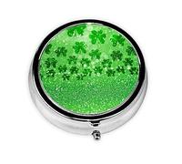 Round Pill Box, 3 Compartment Portable Pill Case, Cute Green Sparkly Spring Pill Organizer for Pocket, Purse, Medicine, Tablet Vitamin
