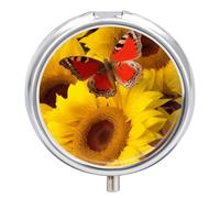 Round Pill Box 3 Compartment Portable Travel Pill Case for Purse Pocket Weekly Pill Organizer with Mirror Yellow Sunflowers with Red Butterfly Pill Container Holder for Daily Medicine