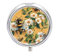 Round Pill Box 3 Compartment Spring Summer Bee Pill Case for Purse Pocket Portable Travel Pill Organizer Medicine Storage Box Small Metal Pill Container Holder to Hold Vitamins Fish Oil