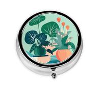 Round Pill Box 3 Compartments - Portable Medicine Organizer Container, Pill Cases Indoor Cartoon Potted Green Plants Print