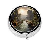 Round Pill Box 3 Compartments - Portable Medicine Organizer Container, Pill Cases Mountains and Rivers Print
