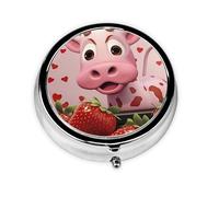 Round Pill Box 3 Compartments - Portable Medicine Organizer Container, Pill Cases Pink Cow with Strawberries Print