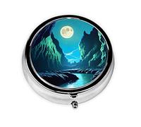 Round Pill Box 3 Compartments - Portable Medicine Organizer Container, Pill Cases Print Water Moon Cave