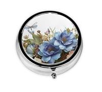 Round Pill Box Blue Flowers and Dragonfly Pill Case for Purse & Pocket 3 Compartment Pill Organizer Portable Travel Pillbox Medicine Pill Holder Container for Daily Vitamin Cod Liver Oil Storage