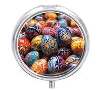 Round Pill Box Colorful Hand Painted Easter Eggs Pill Case for Purse & Pocket 3 Compartment Medicine Pill Organizer Portable Travel Pillbox Medicine Vitamin Cod Liver Oil Storage Box