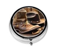Round Pill Box Cowboy Hat and Boots Pill Case for Purse & Pocket 3 Compartment Pill Organizer Portable Travel Pillbox Medicine Pill Holder Container for Daily Vitamin Cod Liver Oil Storage