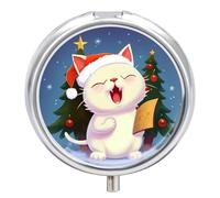 Round Pill Box Cute Cat Sing Christmas Carols Pill Case for Purse & Pocket 3 Compartment Medicine Pill Organizer Portable Travel Pillbox Medicine Vitamin Cod Liver Oil Storage Box