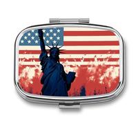 Round Pill Box Flag with Silhouette of Lady Liberty Pill Case for Purse & Pocket 2 Compartment Medicine Pill Organizer Portable Travel Pillbox Medicine Vitamin Cod Liver Oil Storage Box