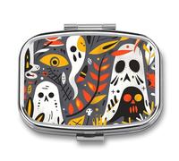 Round Pill Box Ghost Skull Pattern Pill Case for Purse & Pocket 2 Compartment Medicine Pill Organizer Portable Travel Pillbox Medicine Vitamin Cod Liver Oil Storage Box