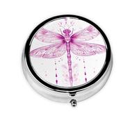 Round Pill Box, Mini Metal Pill Case for Pocket Purse, Abstract Animal Dragonfly Small Pill Organizer for Travel, 3 Compartment Pill Holder with Push Button