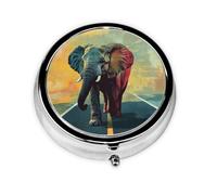 Round Pill Box, Mini Metal Pill Case for Pocket Purse, African Animal Elephant Small Pill Organizer for Travel, 3 Compartment Pill Holder with Push Button