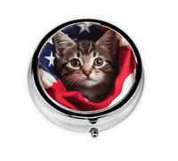 Round Pill Box, Mini Metal Pill Case for Pocket Purse, American Flag Cute Cat Small Pill Organizer for Travel, 3 Compartment Pill Holder with Push Button