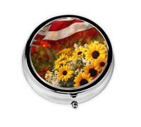 Round Pill Box, Mini Metal Pill Case for Pocket Purse, American Flag Sunflower Daisy Small Pill Organizer for Travel, 3 Compartment Pill Holder with Push Button