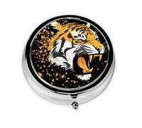 Round Pill Box, Mini Metal Pill Case for Pocket Purse, Angry Animal Tiger Small Pill Organizer for Travel, 3 Compartment Pill Holder with Push Button
