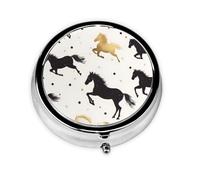 Round Pill Box, Mini Metal Pill Case for Pocket Purse, Animal Horse Running Small Pill Organizer for Travel, 3 Compartment Pill Holder with Push Button