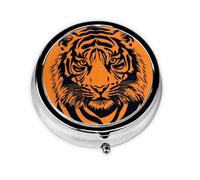 Round Pill Box, Mini Metal Pill Case for Pocket Purse, Animal Tiger Small Pill Organizer for Travel, 3 Compartment Pill Holder with Push Button