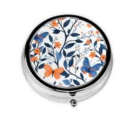 Round Pill Box, Mini Metal Pill Case for Pocket Purse, Blue Tree Plants Flowers Butterfly Small Pill Organizer for Travel, 3 Compartment Pill Holder with Push Button