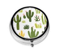 Round Pill Box, Mini Metal Pill Case for Pocket Purse, Cacti Cactus Succulent Small Pill Organizer for Travel, 3 Compartment Pill Holder with Push Button