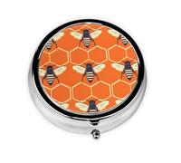 Round Pill Box, Mini Metal Pill Case for Pocket Purse, Cartoon Bees Honeycomb Small Pill Organizer for Travel, 3 Compartment Pill Holder with Push Button