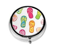 Round Pill Box, Mini Metal Pill Case for Pocket Purse, Cartoon Flip-Flops Pattern Small Pill Organizer for Travel, 3 Compartment Pill Holder with Push Button