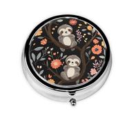 Round Pill Box, Mini Metal Pill Case for Pocket Purse, Cartoon Tree Flower Sloth Small Pill Organizer for Travel, 3 Compartment Pill Holder with Push Button