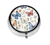 Round Pill Box, Mini Metal Pill Case for Pocket Purse, Colorful Butterfly Flowers Pattern Small Pill Organizer for Travel, 3 Compartment Pill Holder with Push Button