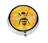 Round Pill Box, Mini Metal Pill Case for Pocket Purse, Cute Animal Bee Honeycomb Small Pill Organizer for Travel, 3 Compartment Pill Holder with Push Button