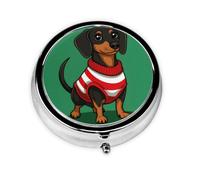 Round Pill Box, Mini Metal Pill Case for Pocket Purse, Cute Dachshund Dog Small Pill Organizer for Travel, 3 Compartment Pill Holder with Push Button