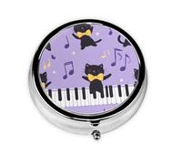 Round Pill Box, Mini Metal Pill Case for Pocket Purse, Cute Dancing Cats Music Notes Small Pill Organizer for Travel, 3 Compartment Pill Holder with Push Button