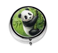 Round Pill Box, Mini Metal Pill Case for Pocket Purse, Cute Panda Bamboo Green Small Pill Organizer for Travel, 3 Compartment Pill Holder with Push Button