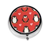 Round Pill Box, Mini Metal Pill Case for Pocket Purse, Cute Penguins Hearts Pattern Small Pill Organizer for Travel, 3 Compartment Pill Holder with Push Button