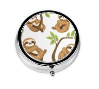 Round Pill Box, Mini Metal Pill Case for Pocket Purse, Cute Sloths On Tree Small Pill Organizer for Travel, 3 Compartment Pill Holder with Push Button