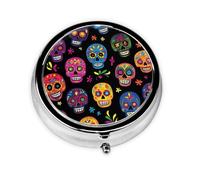 Round Pill Box, Mini Metal Pill Case for Pocket Purse, Day of The Dead Sugar Skull Small Pill Organizer for Travel, 3 Compartment Pill Holder with Push Button