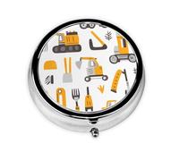 Round Pill Box, Mini Metal Pill Case for Pocket Purse, Diggers Construction Trucks Pattern Small Pill Organizer for Travel, 3 Compartment Pill Holder with Push Button