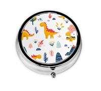 Round Pill Box, Mini Metal Pill Case for Pocket Purse, Dinosaur Dino Cute Pattern Small Pill Organizer for Travel, 3 Compartment Pill Holder with Push Button
