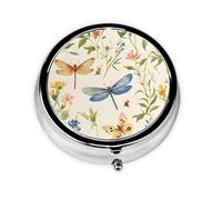 Round Pill Box, Mini Metal Pill Case for Pocket Purse, Dragonfly Botanical Flowers Small Pill Organizer for Travel, 3 Compartment Pill Holder with Push Button