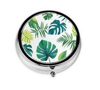 Round Pill Box, Mini Metal Pill Case for Pocket Purse, Exotic Tropical Palm Leaves Small Pill Organizer for Travel, 3 Compartment Pill Holder with Push Button