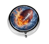 Round Pill Box, Mini Metal Pill Case for Pocket Purse, Fire American Football Small Pill Organizer for Travel, 3 Compartment Pill Holder with Push Button