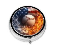 Round Pill Box, Mini Metal Pill Case for Pocket Purse, Fire Baseball American Flag Small Pill Organizer for Travel, 3 Compartment Pill Holder with Push Button