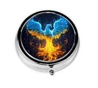 Round Pill Box, Mini Metal Pill Case for Pocket Purse, Fire Ice Phoenix Flames Small Pill Organizer for Travel, 3 Compartment Pill Holder with Push Button