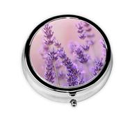 Round Pill Box, Mini Metal Pill Case for Pocket Purse, Flower Lavender Field Small Pill Organizer for Travel, 3 Compartment Pill Holder with Push Button