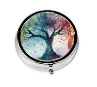 Round Pill Box, Mini Metal Pill Case for Pocket Purse, Four Seasons Tree Small Pill Organizer for Travel, 3 Compartment Pill Holder with Push Button
