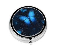 Round Pill Box, Mini Metal Pill Case for Pocket Purse, Galaxy Star Blue Butterfly Small Pill Organizer for Travel, 3 Compartment Pill Holder with Push Button