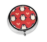 Round Pill Box, Mini Metal Pill Case for Pocket Purse, Hearts Cute Penguins Small Pill Organizer for Travel, 3 Compartment Pill Holder with Push Button